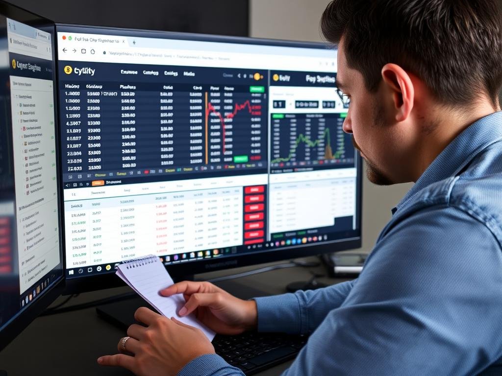 Person analyzing crypto trading fee strategies on computer to buy and sell crypto with no-to-low fees