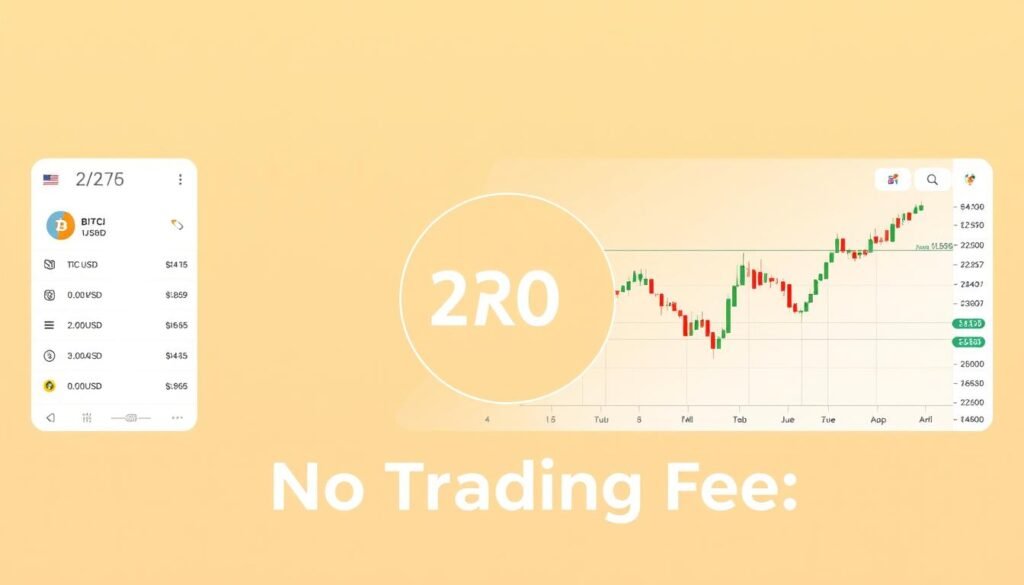 Screenshot of a zero-fee crypto trading platform interface showing buy and sell crypto with no-to-low fees