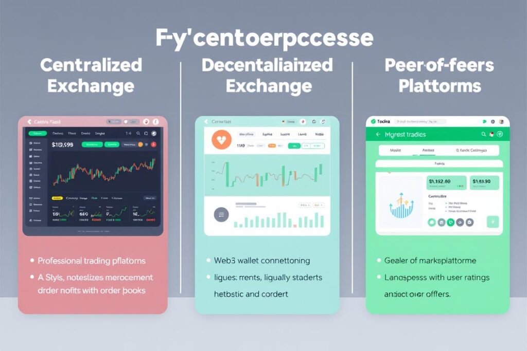 Comparison of different cryptocurrency exchange types showing centralized, decentralized, and peer-to-peer platforms