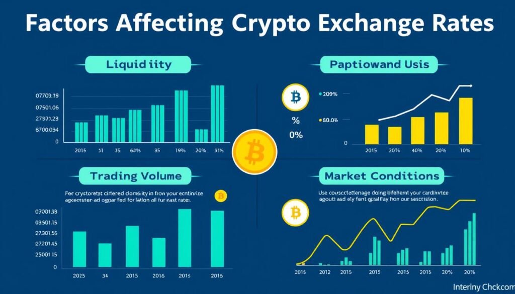 Infographic showing factors affecting cryptocurrency exchange rates including liquidity, volume, and fees