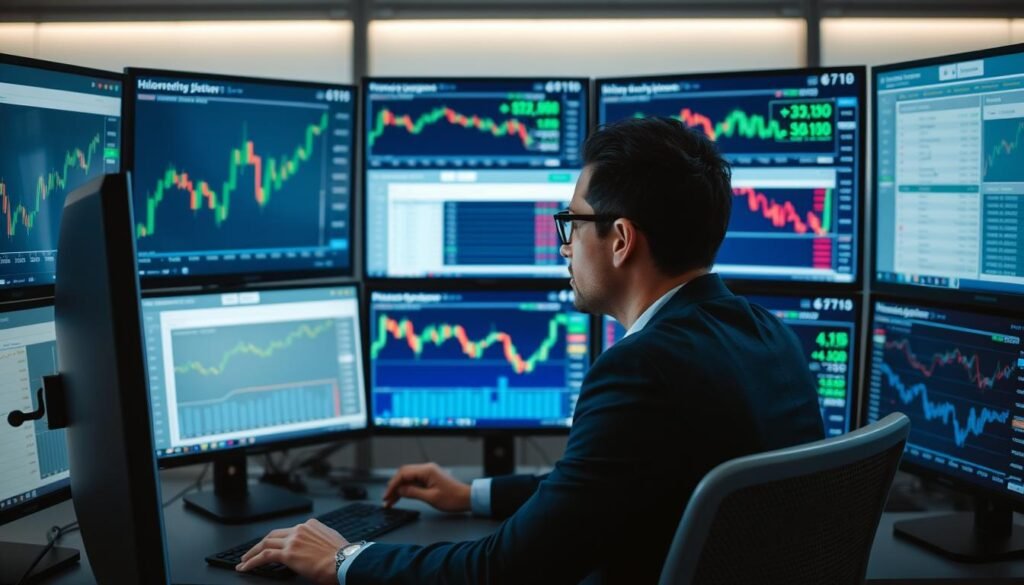 Person analyzing cryptocurrency exchange rates on multiple screens showing buy and sell crypto currency at the best rates