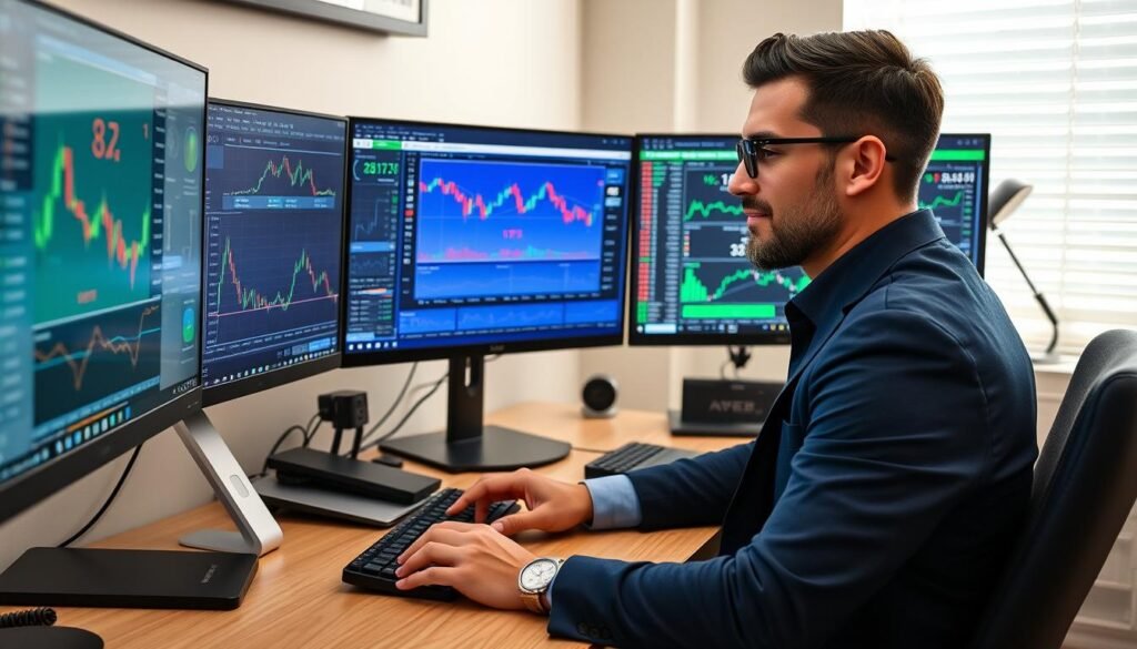 Person successfully trading cryptocurrency at optimal rates using multiple devices and tools